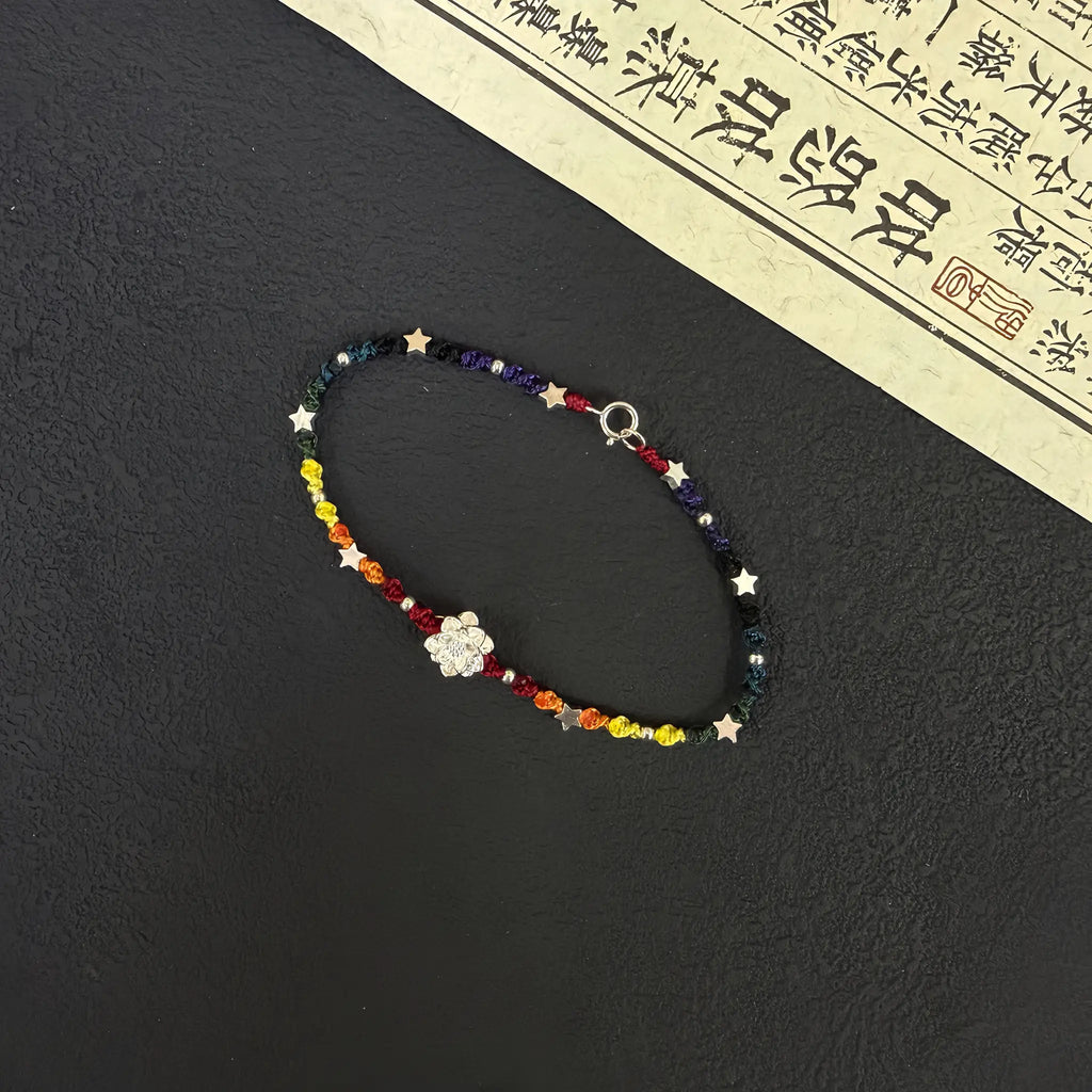Rainbow Sterling Silver Lotus Braided Bracelet - For Harmonious Energy