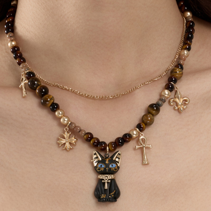 Natural Tiger Eye Stone Necklace — Double-Layer Ancient Egyptian Bastet Cat Goddess Protection