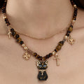 Natural Tiger Eye Stone Necklace - Double-Layer Ancient Egyptian Bastet Cat Goddess Protection