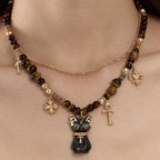 Natural Tiger Eye Stone Necklace — Double-Layer Ancient Egyptian Bastet Cat Goddess Protection