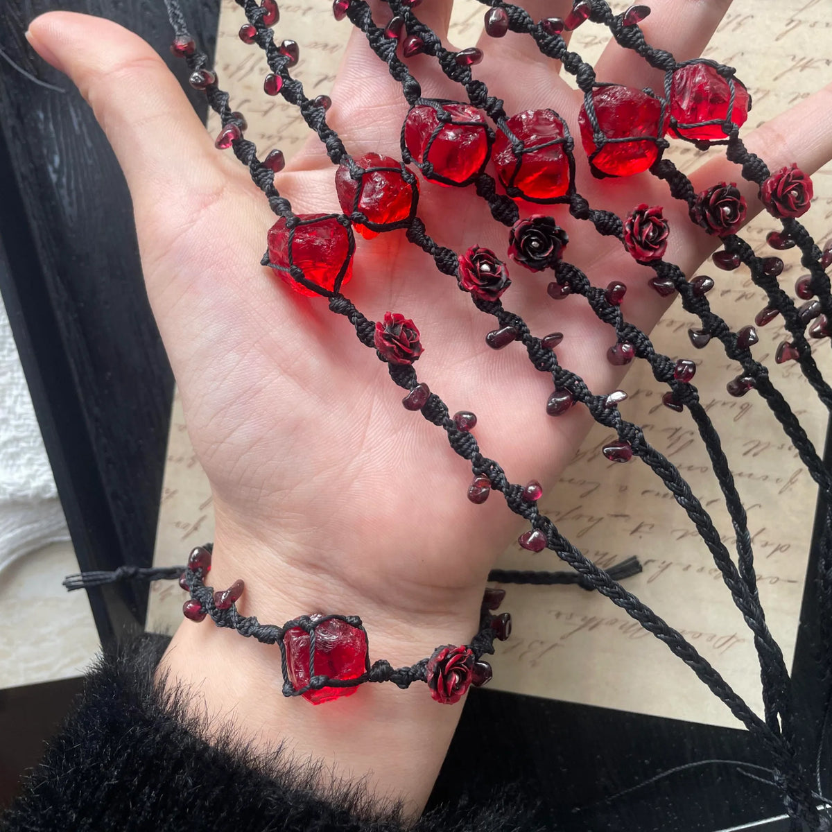 Red Rose Garnet Macrame Bracelet - Vitality & Devotion Energy Healing