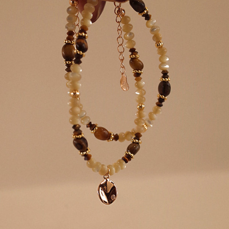 Tiger Eye & Shell Bead Bracelet for Women, Adjustable Extension Chain with Leaf Pendant