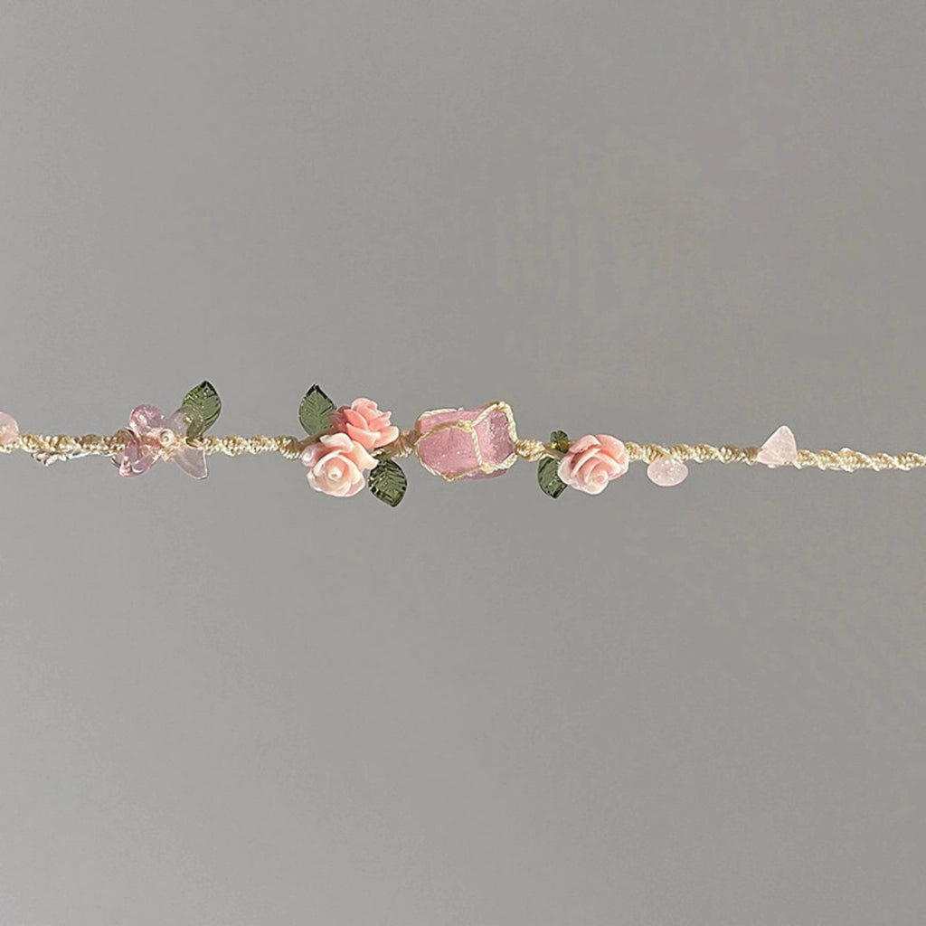 Sweet Wreath Rose Handwoven Rose Quartz Macrame Bracelet - Love & Self-care Energy Healing