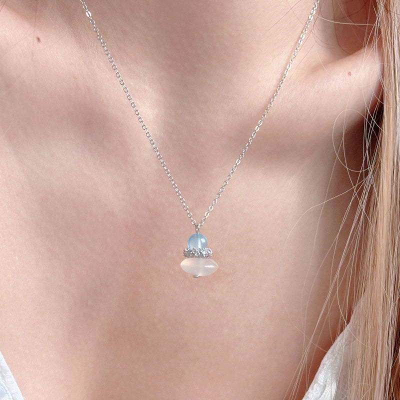 Natural Aquamarine & Agate Necklace - Balances Water Element, Improves Communication, Calms Mood