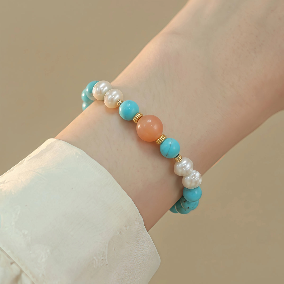 Oriental Aesthetic Turquoise Red Agate Pearl Stack Bracelet - Peace & Blessing