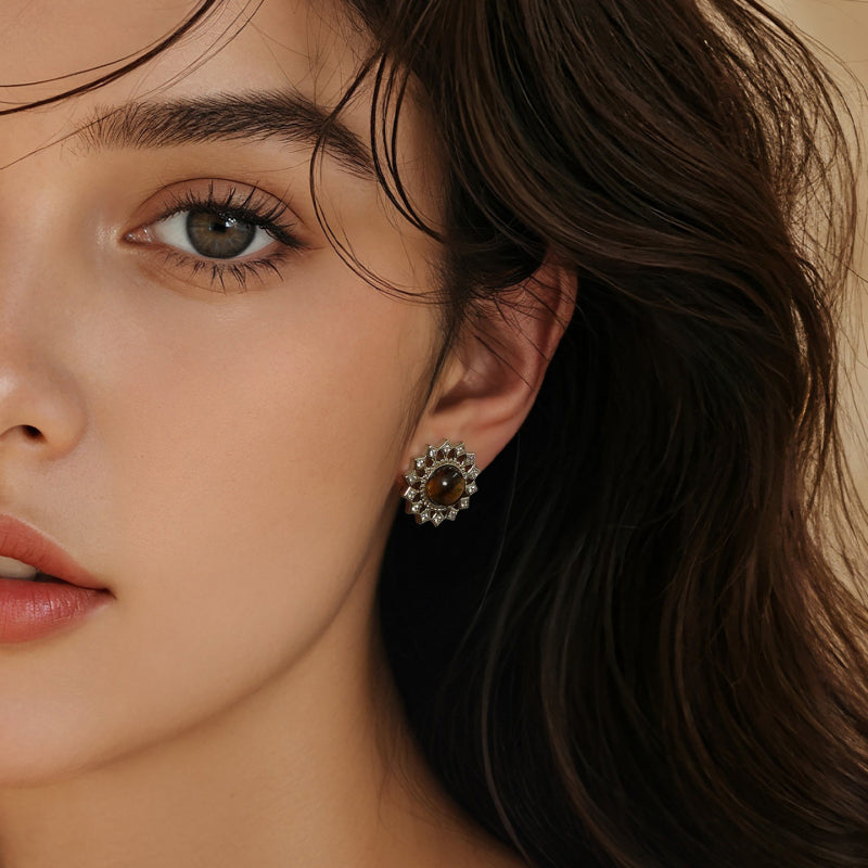 Sunflower Tiger Eye Stud Earrings — Niche Retro Crystal for Fortune & Success