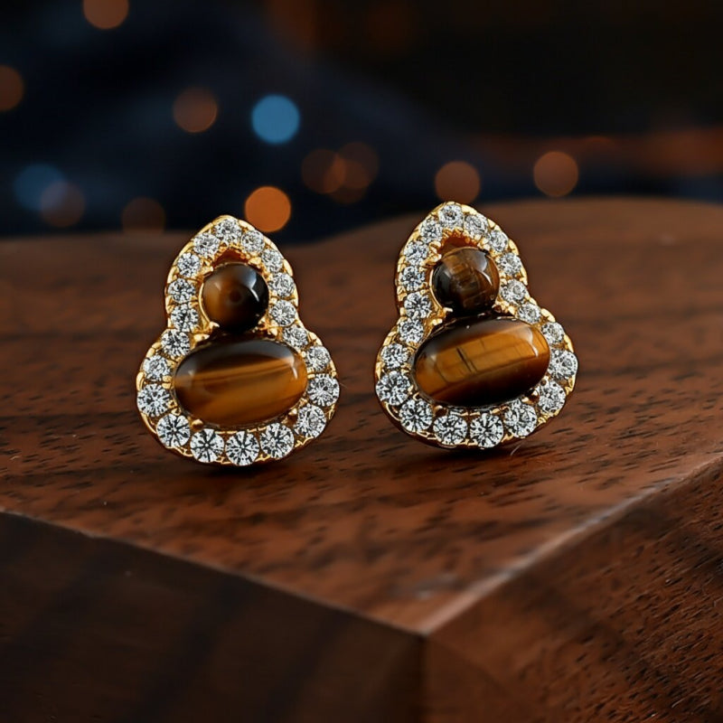 Maillard Golden Tiger Eye Gourd Silver Studs — Fortune Crystal Earrings & Ring Set