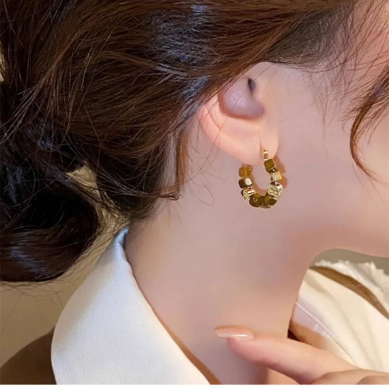 Boucles d'oreilles Œil de tigre naturel, perles carrées Maillard, boucle Resolve - Attire la richesse
