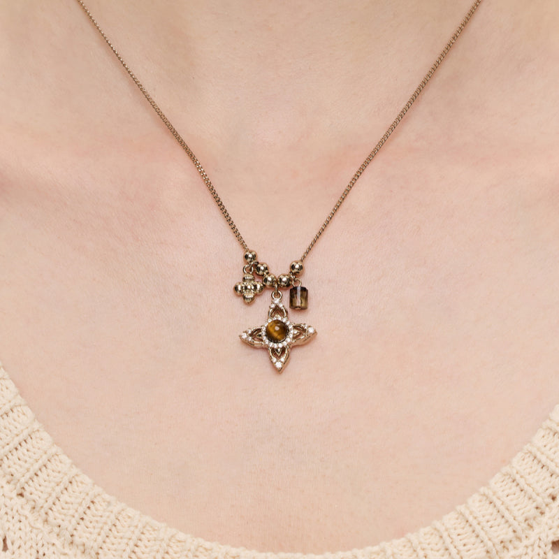 Tiger Eye Stone Necklace for Women, Niche Vintage Four-Pointed Star Choker