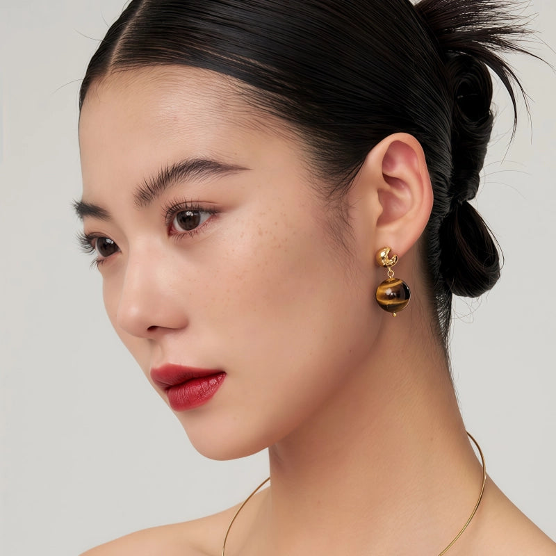 Boucles d'oreilles en pierre naturelle œil de tigre - Symbole de bon augure et de richesse
