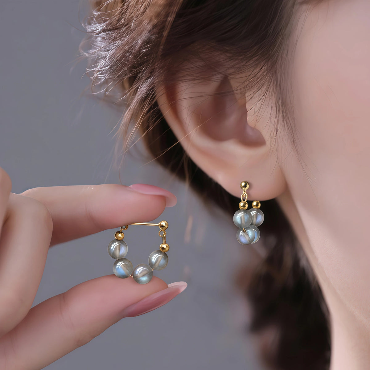 Natural Grey Moonstone Beaded Hoop Earrings - Calm & Intuition