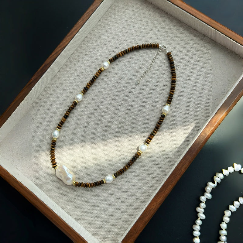 Irregular Baroque Pearl Natural Tiger Eye Stone Necklace — Gift for Mom
