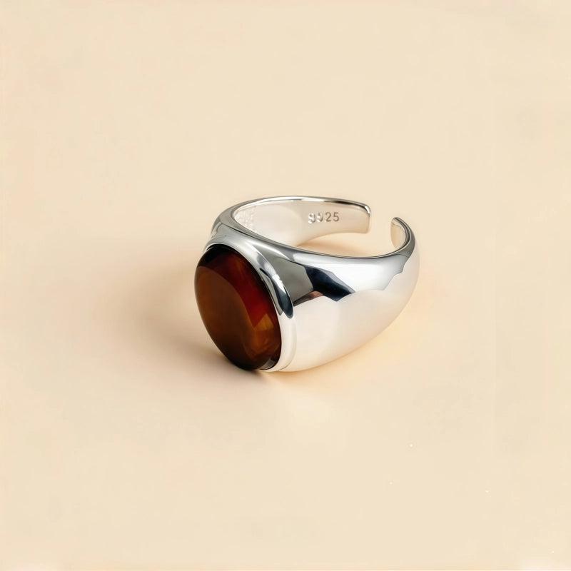 Natural Tiger Eye Stone Ring, Retro Artistic Open Mouth Women's Ring