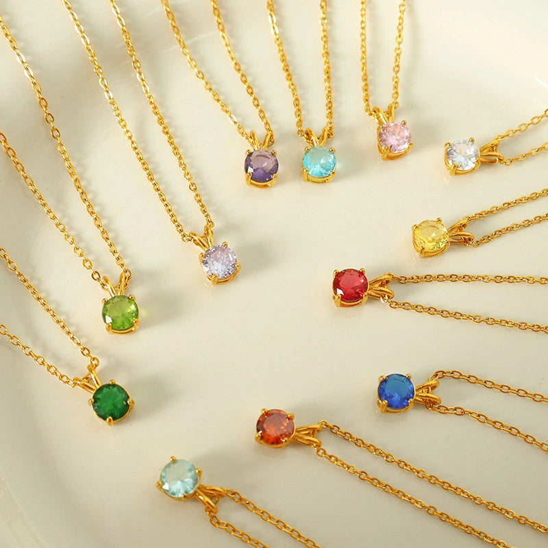 Colorful Birthstone Pendant Necklace | Dainty CZ Clavicle Chain | Perfect Birthday Gift for Women
