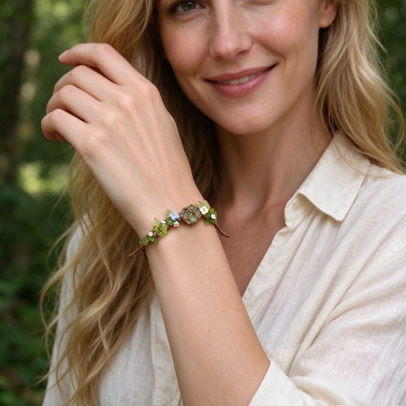 Green Quartz & Fluorite Woven Bracelet - For Calming Energy