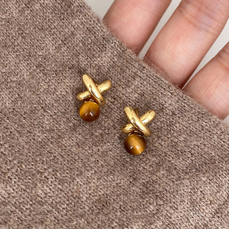Geometric Tiger Eye Stud Earrings — Niche Maillard Crystal for Fortune
