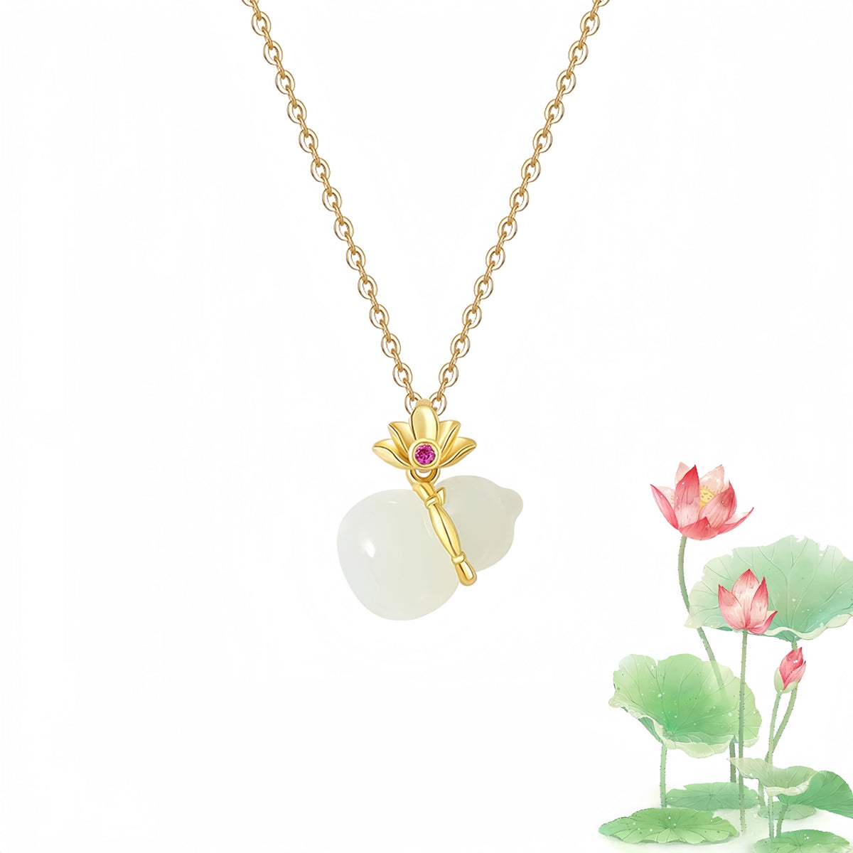 Nephrite Lotus & Gourd Necklace - Symbol of Purity and Blessings