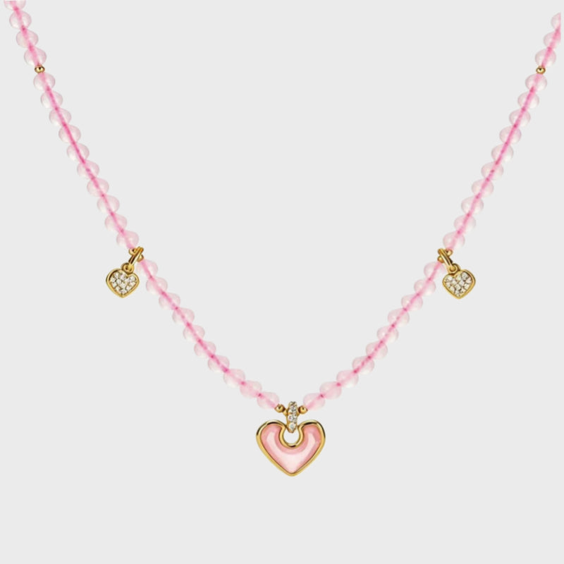 Pink Crystal Heart Beaded Necklace - Open Your Heart Chakra