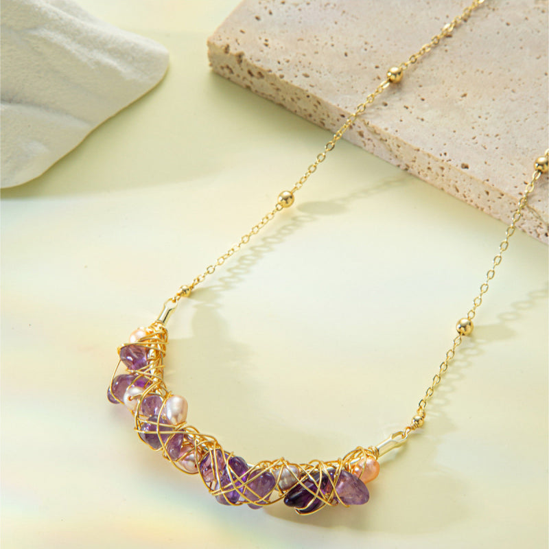 Natural Amethyst & Pearl Necklace/Earrings Jewelry Set - Gentle Emotional Healing