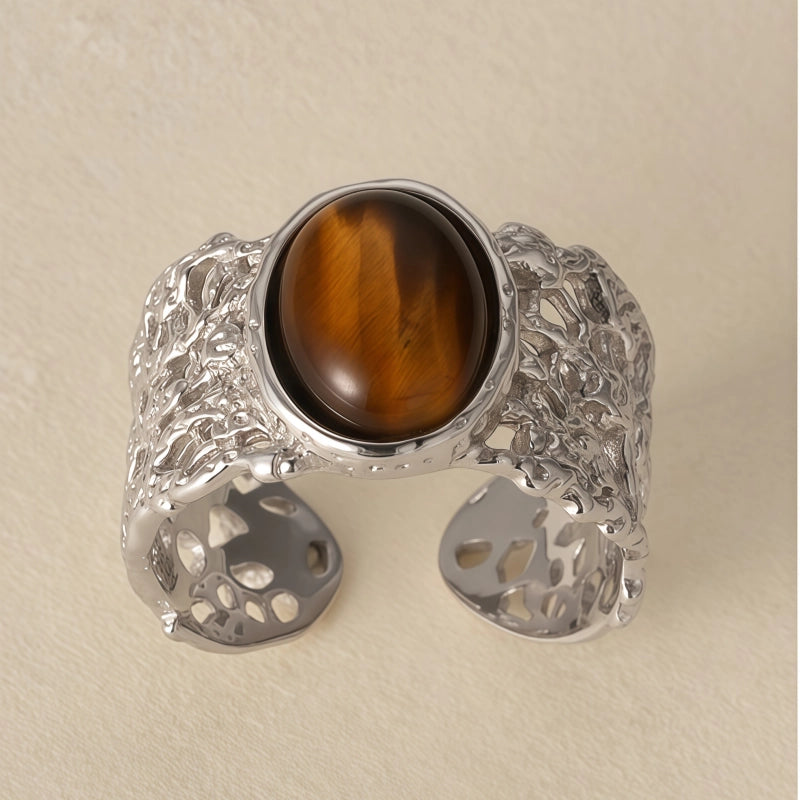 Bague Œil de Tigre Naturel S925 Creuse en Dentelle Niche Simple Haut de Gamme Tempérament Polyvalent Bague Femme