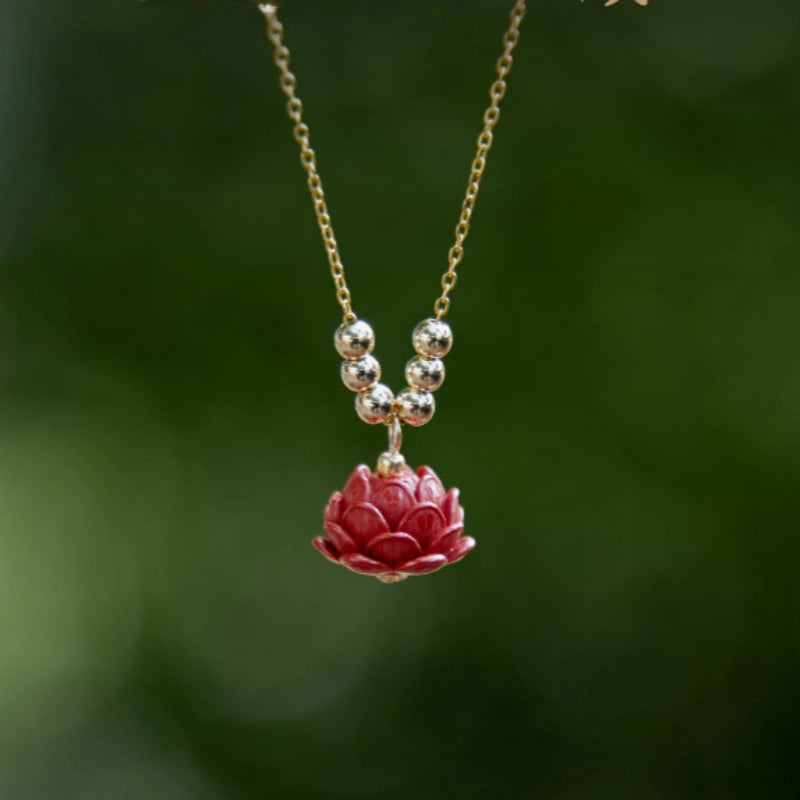 Red Lotus Cinnabar Necklace - Boosts Noble & Social Luck