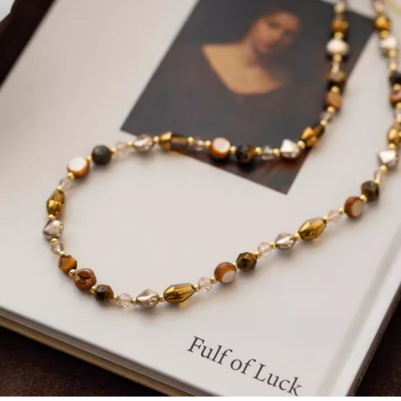 Natural Tiger Eye Stone Necklace — Maillard Earth Tone Irregular Collarbone