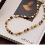 Natural Tiger Eye Stone Necklace — Maillard Earth Tone Irregular Collarbone