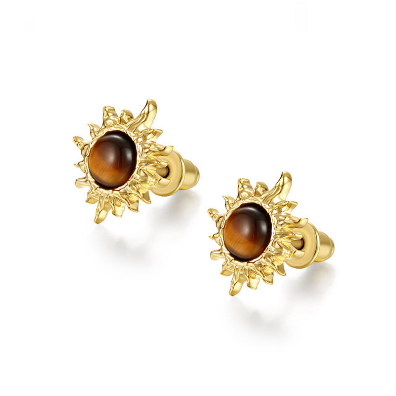 Unisex Sun Tiger Eye Stud Earrings — Unisex Niche Crystal for Fortune & Positive Energy