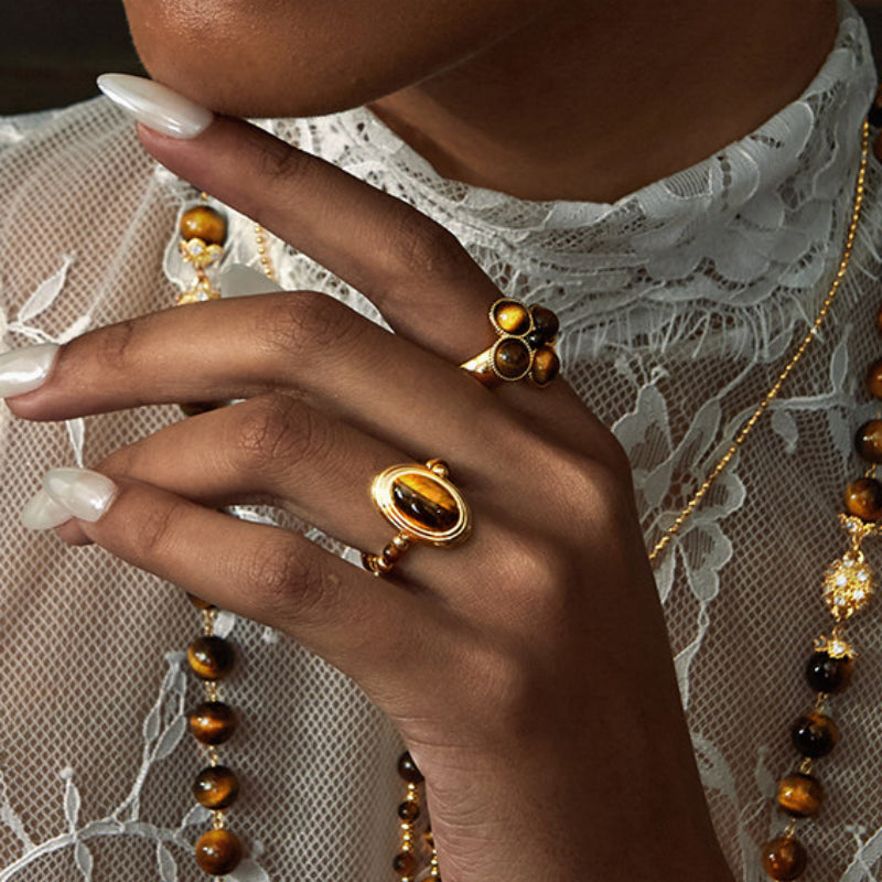 2pcs Set Gilded Four-Petal & Oval Tiger's Eye Ring - Talisman Attract Wealth, Boost Career & Repel Negative Energy