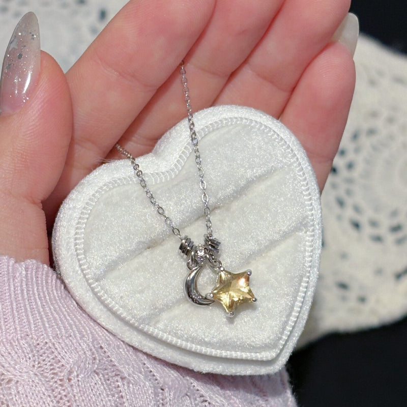 Moon&Star Natural Citrine/Clear Quartz Necklace - Attracts Wealth, Purifies Aura