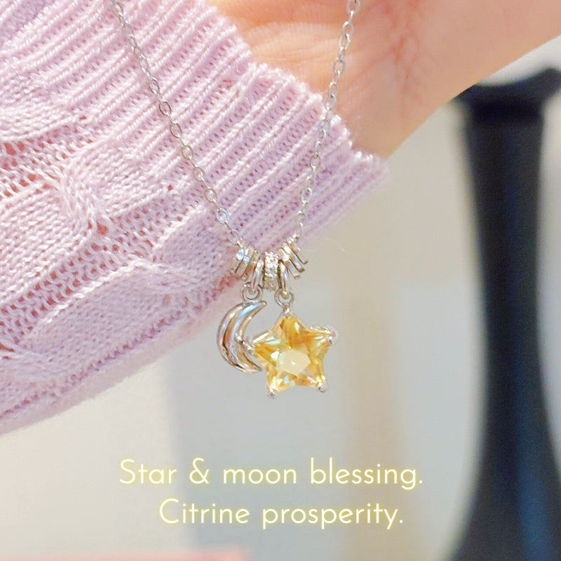 Moon&Star Natural Citrine/Clear Quartz Necklace - Attracts Wealth, Purifies Aura