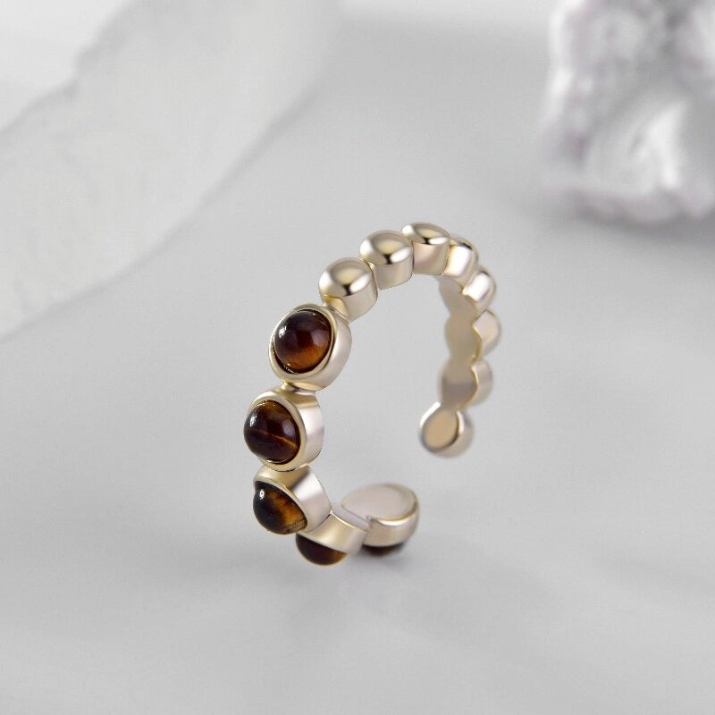 Natural Tiger Eye Stone Ring With Geometric Opening Ring - The Stone of Courage for Career Success