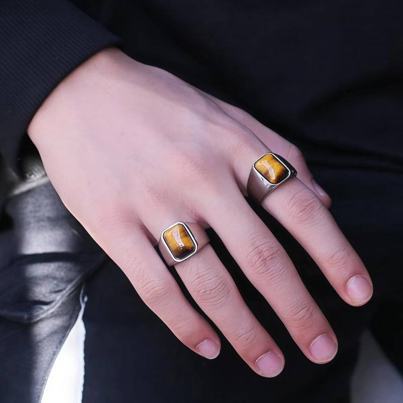 Natural Tiger Eye Stone Ring, Retro Men's Gemstone Ring