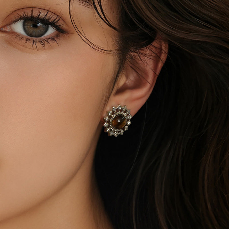 Sunflower Tiger Eye Stud Earrings — Niche Retro Crystal for Fortune & Success