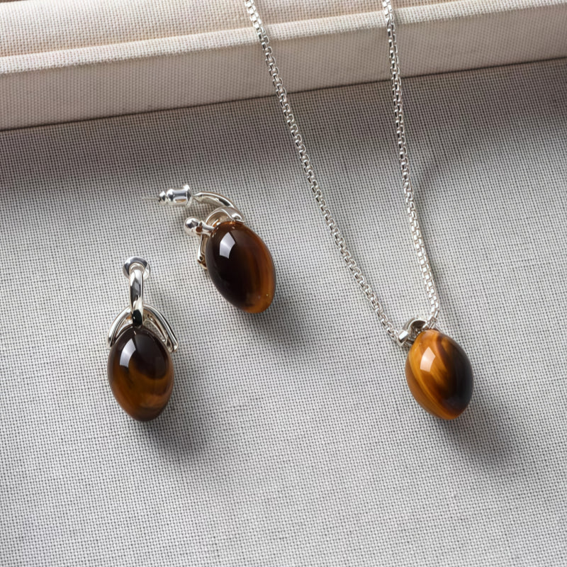 Earth‑Tone Tiger Eye Necklace&Earrings Jewelry Set - Dispels Negative Energy