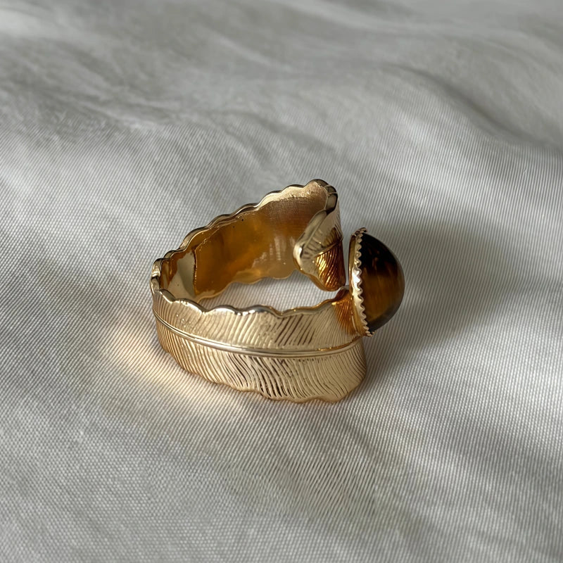 Natural Tiger Eye Stone Ring, Retro French Feather Antique Style Ring
