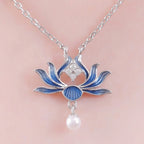 Enamel Blue Lotus Pearl Necklace - Tender Love & Peaceful Fortune