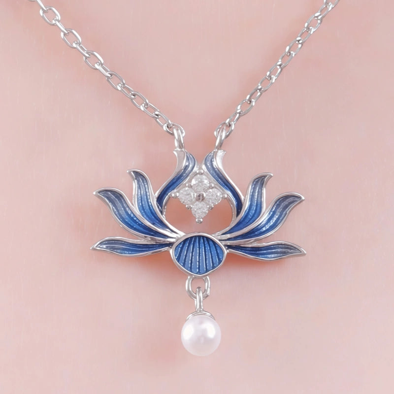 Enamel Blue Lotus Pearl Necklace - Tender Love & Peaceful Fortune