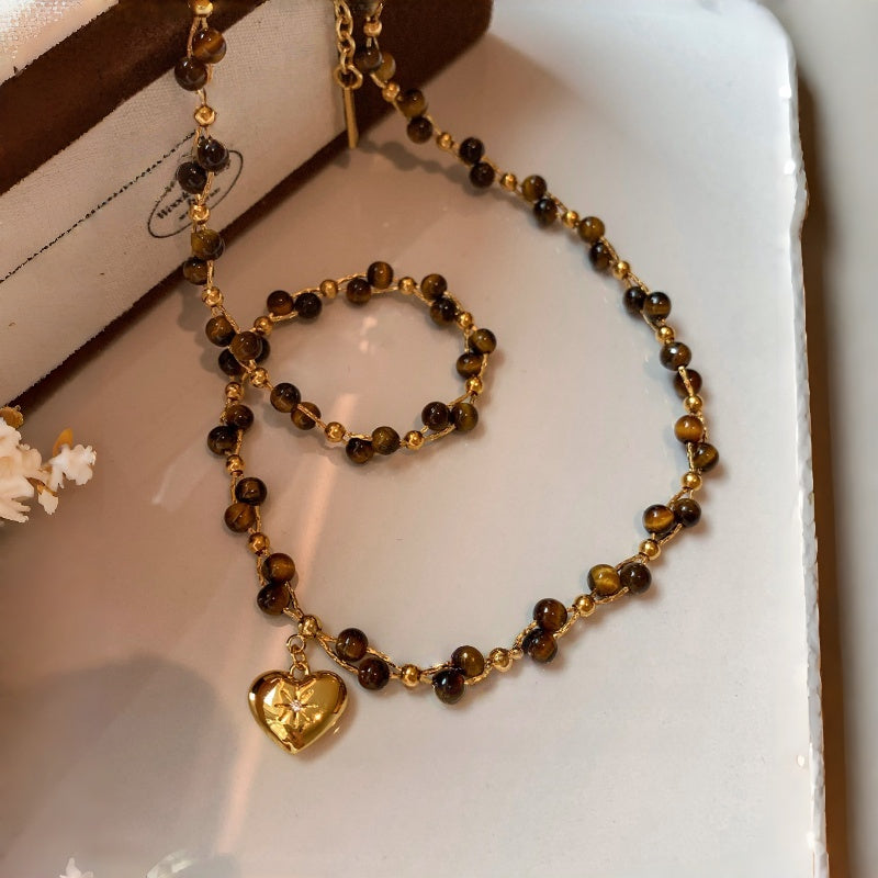 Natural Tiger Eye Stone Necklace — Spring Summer Double Layer Heart , A Gift for Your Beloved