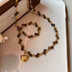 Natural Tiger Eye Stone Necklace — Spring Summer Double Layer Heart , A Gift for Your Beloved