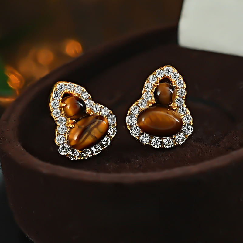 Maillard Golden Tiger Eye Gourd Silver Studs — Fortune Crystal Earrings & Ring Set