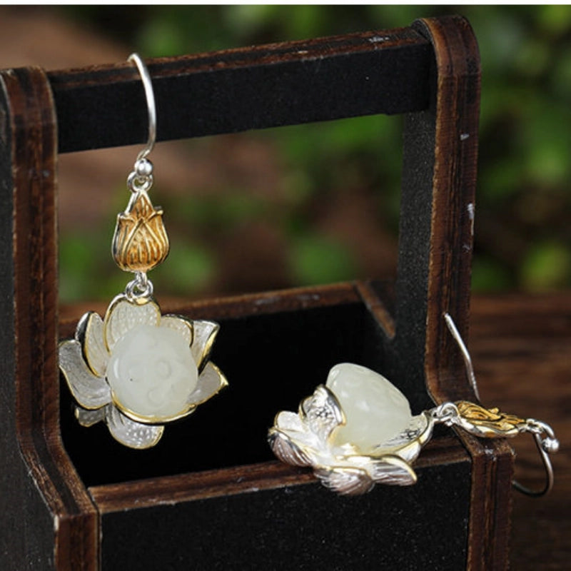 Lucky Lotus Pod Hetian Jade Earrings – Ethnic Oriental Jewelry