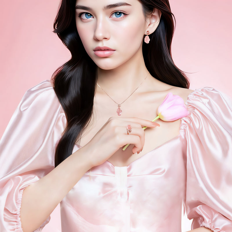 Natural Rose Quartz Necklace, Earrings & Ring Jewelry Set - guards sweet relationships