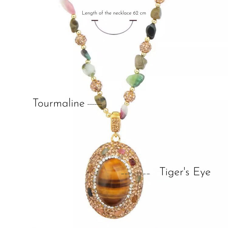 Collier Pull Œil de Tigre & Tourmaline Luxe Léger Tons Maillard Femme Robuste Long