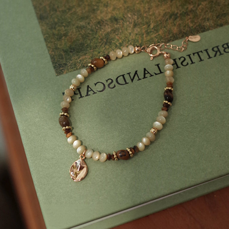Tiger Eye & Shell Bead Bracelet for Women, Adjustable Extension Chain with Leaf Pendant