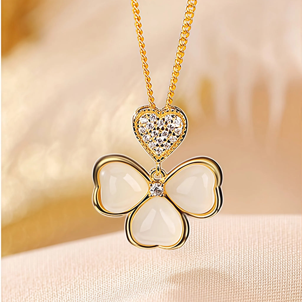 Heart Hetian Jade Four-Leaf Clover Necklace - Purity & Peace