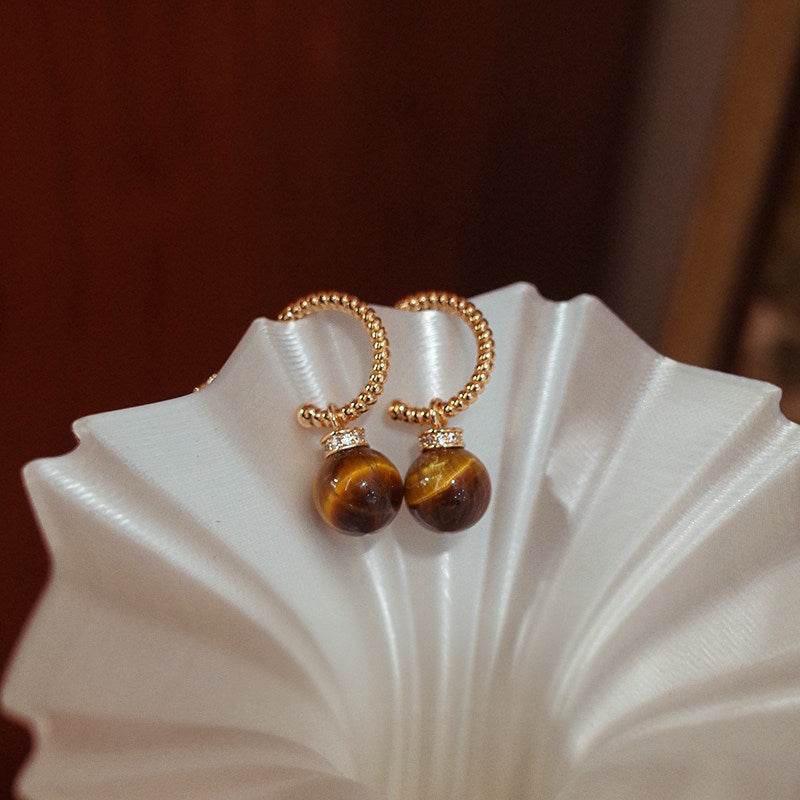 C-Shape Tiger Eye Two-Wear Earrings, Niche Vintage Maillard Crystal Jewelry for Wealth