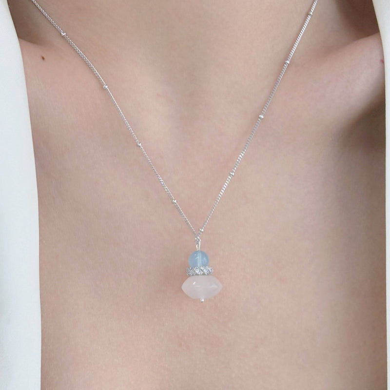 Natural Aquamarine & Agate Necklace - Balances Water Element, Improves Communication, Calms Mood