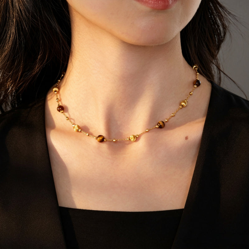 Natural Tiger Eye Stone Necklace, Maillard Starry Sky Choker Necklace