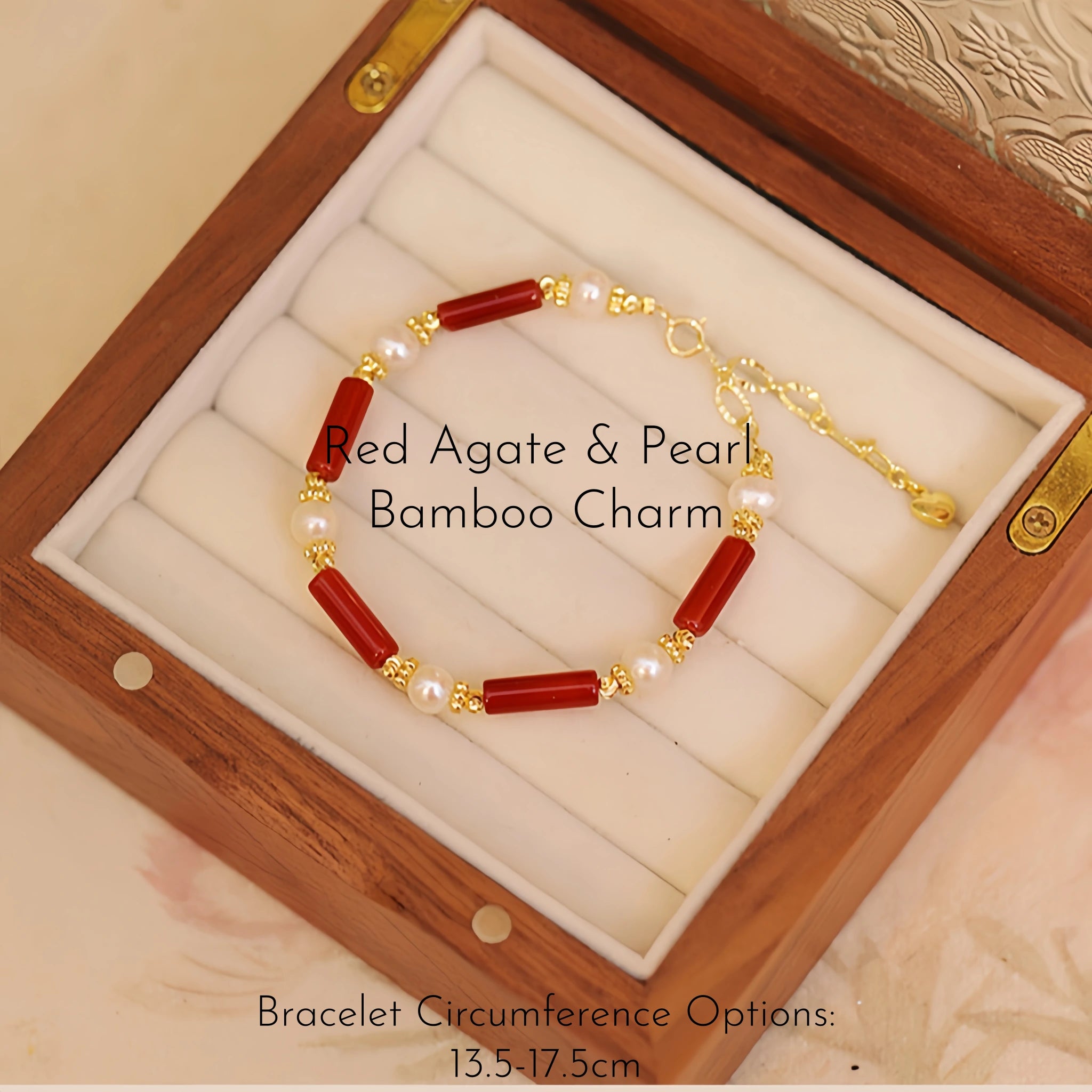 Red Agate & Pearl Stackable Bracelet with Bamboo Charm - Growth & Calm
